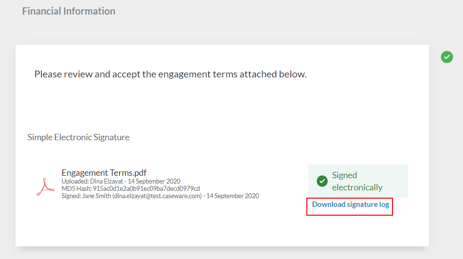 Select Dowload signature log to review the signature details.