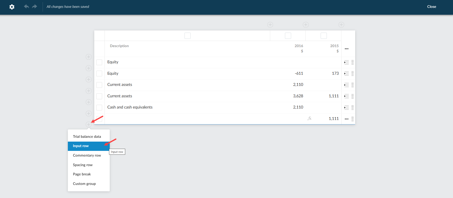 The user interface for adding an input row.