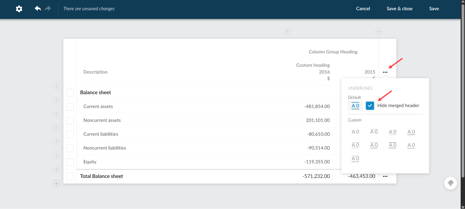 The user interface for selecting the checkbos to hide the merged header.