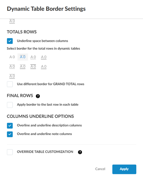 The Dynamic Table Border Settings dialog.