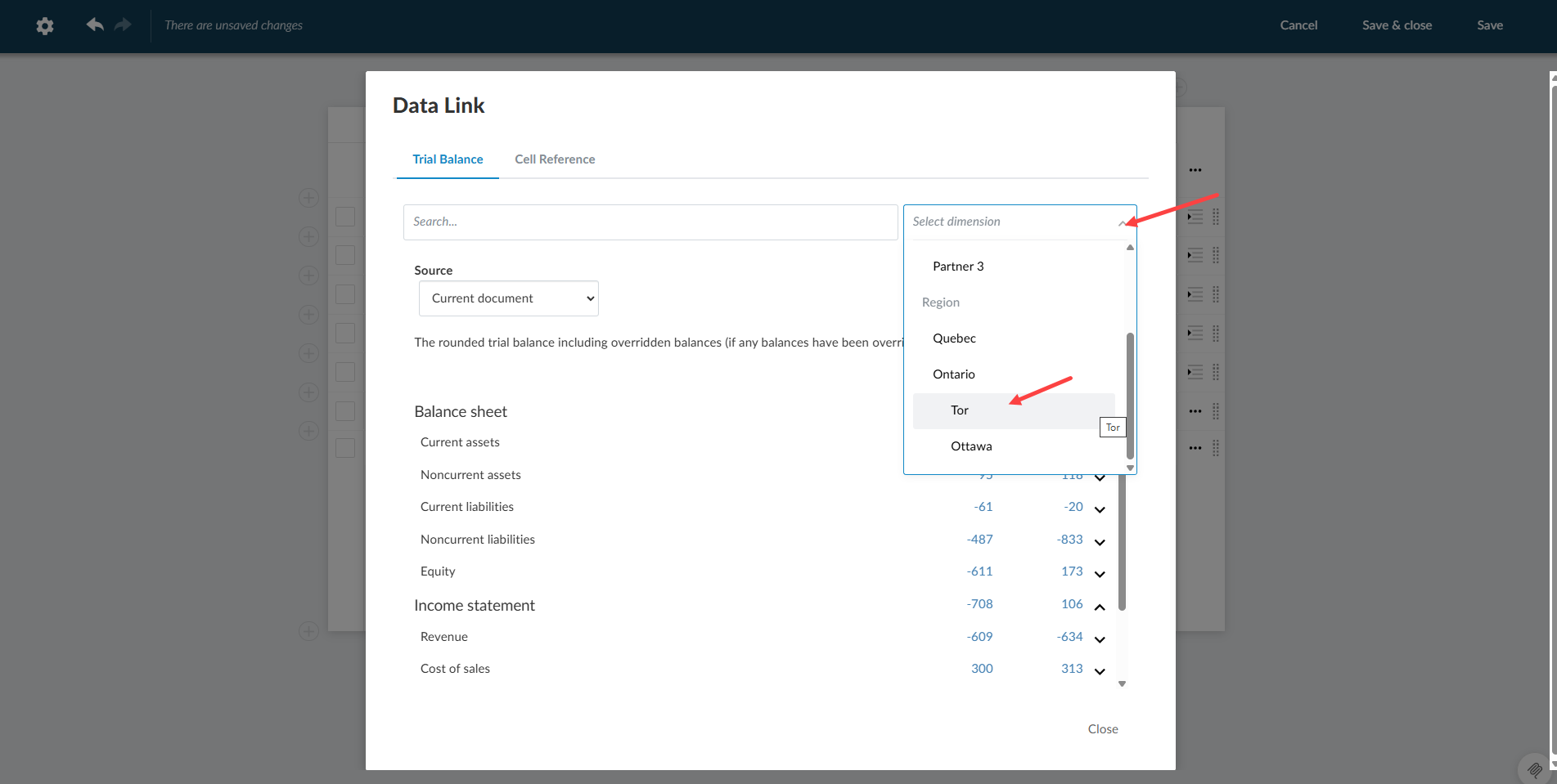 The user interface for selecting the dimension from a dropdown menu.