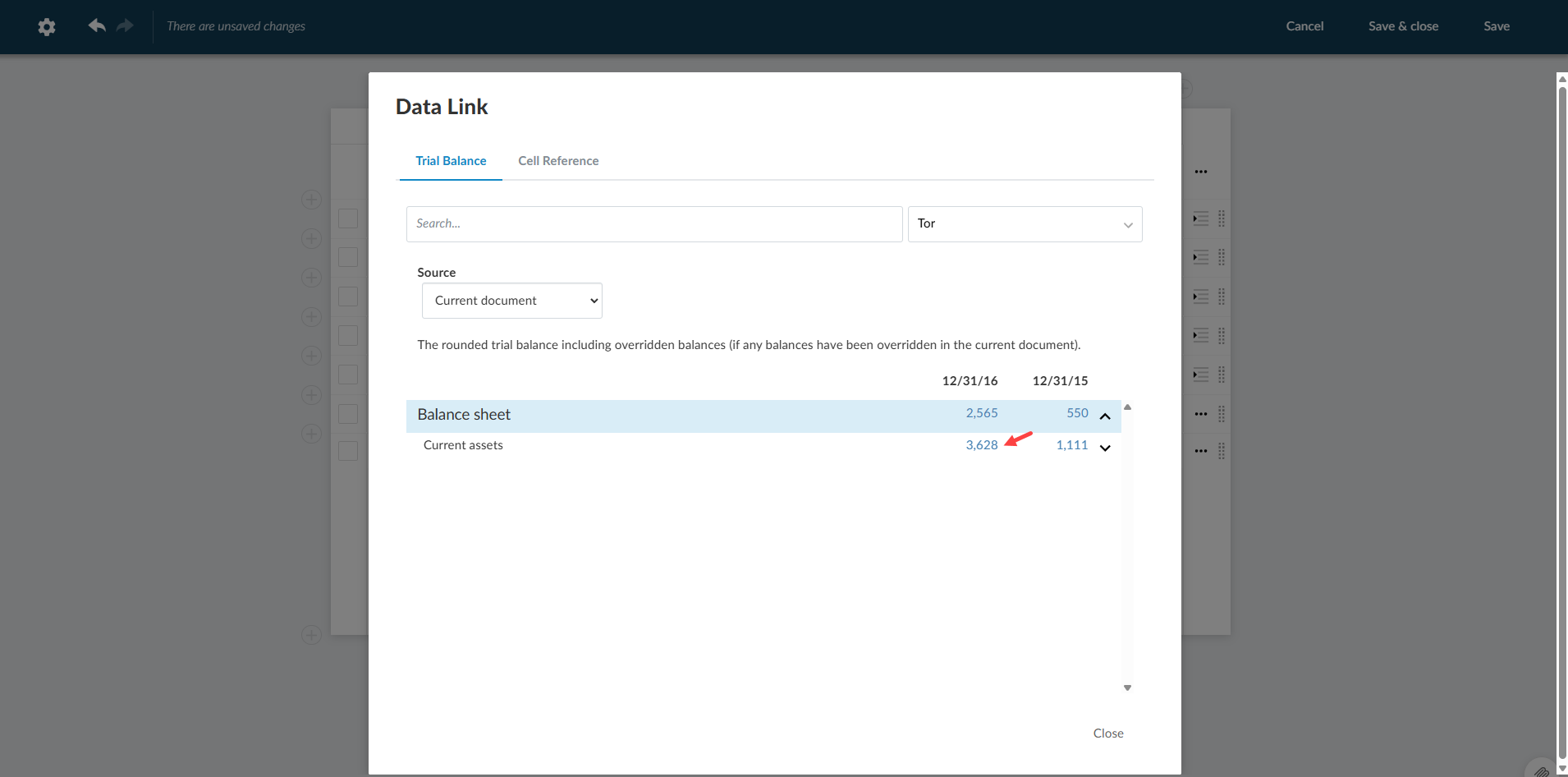 The user interface for selecting a value from the trial balance.