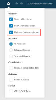 The Hide zero balance columns setting in the dynamic table settings.