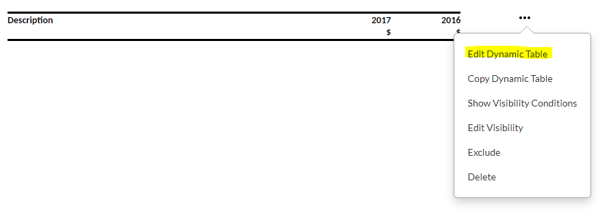 Edit Dynamic Table from the More actions drop-down menu