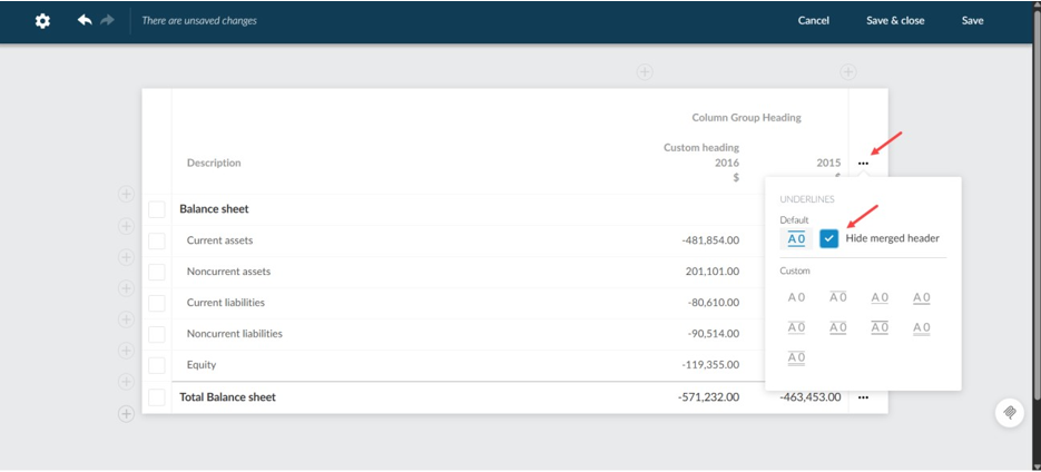 The user interface for selecting the checkbox to hide the merged header.