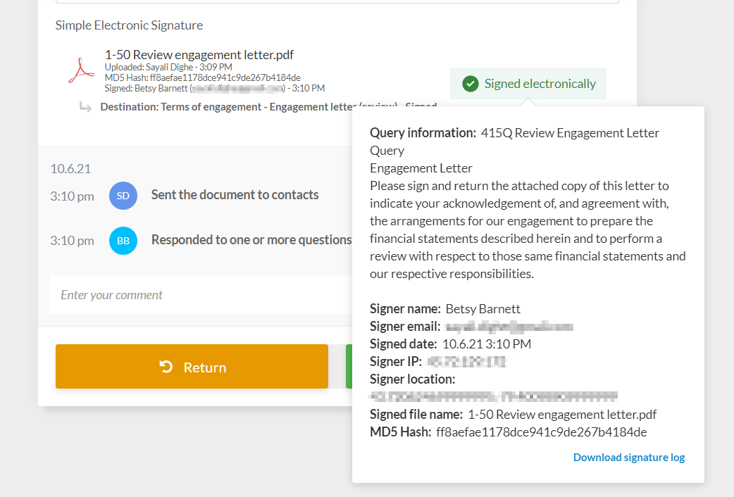 Select Signed electronically to review the signature details.