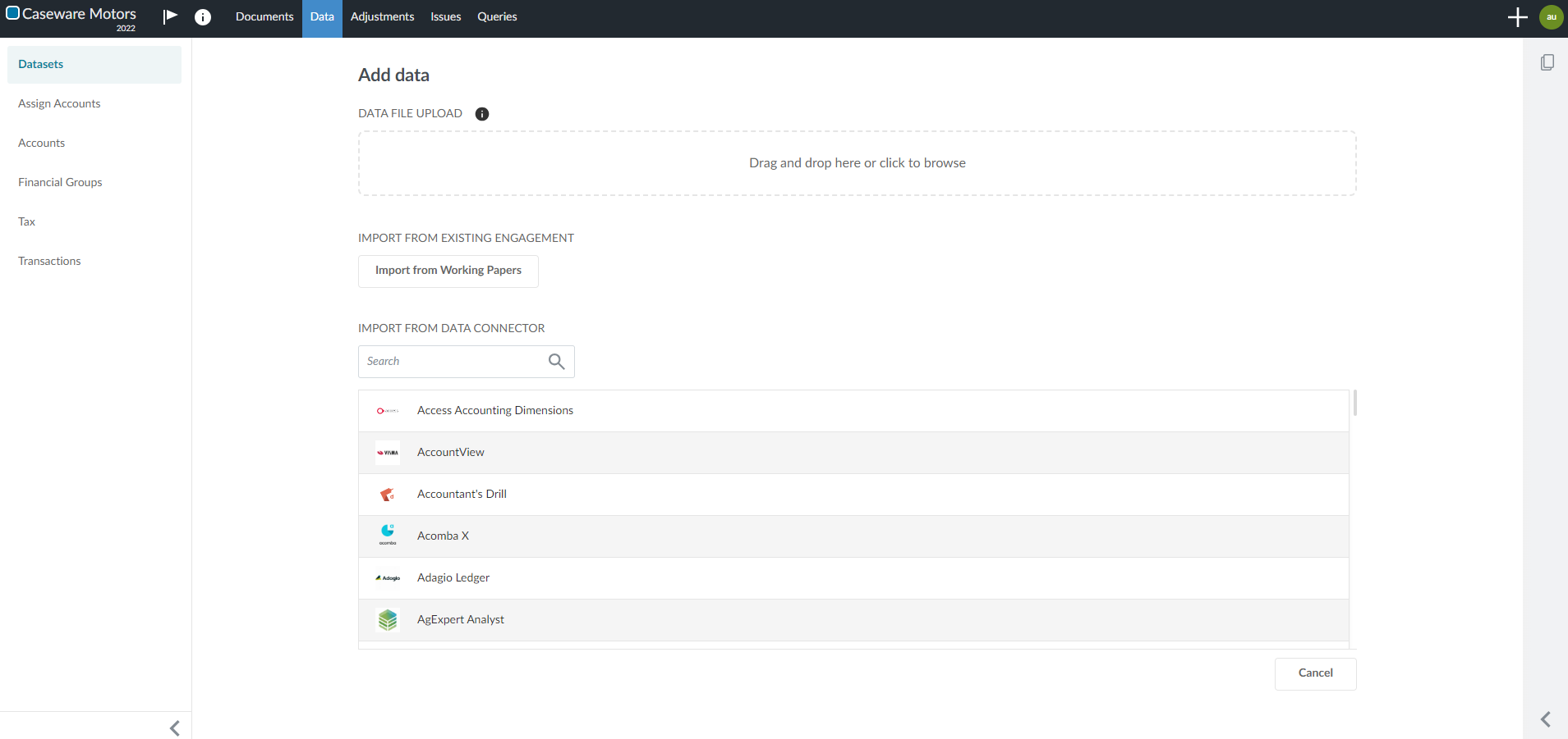 The Datasets tab within the Data page where you can upload data.