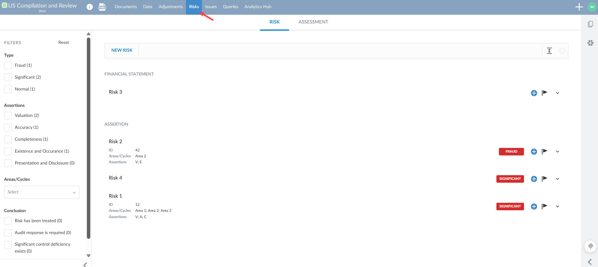 The user interface for the Risks page