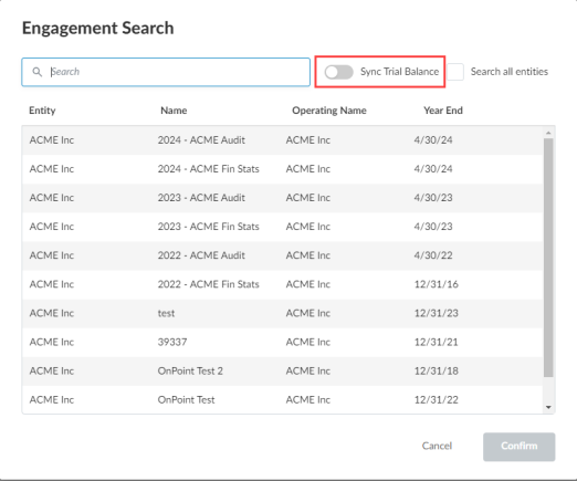 The Sync Trial Balance option in the Engagement Search dialog.