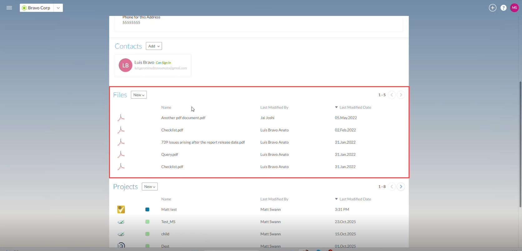 The user interface for selecting files from the Entities Details page.