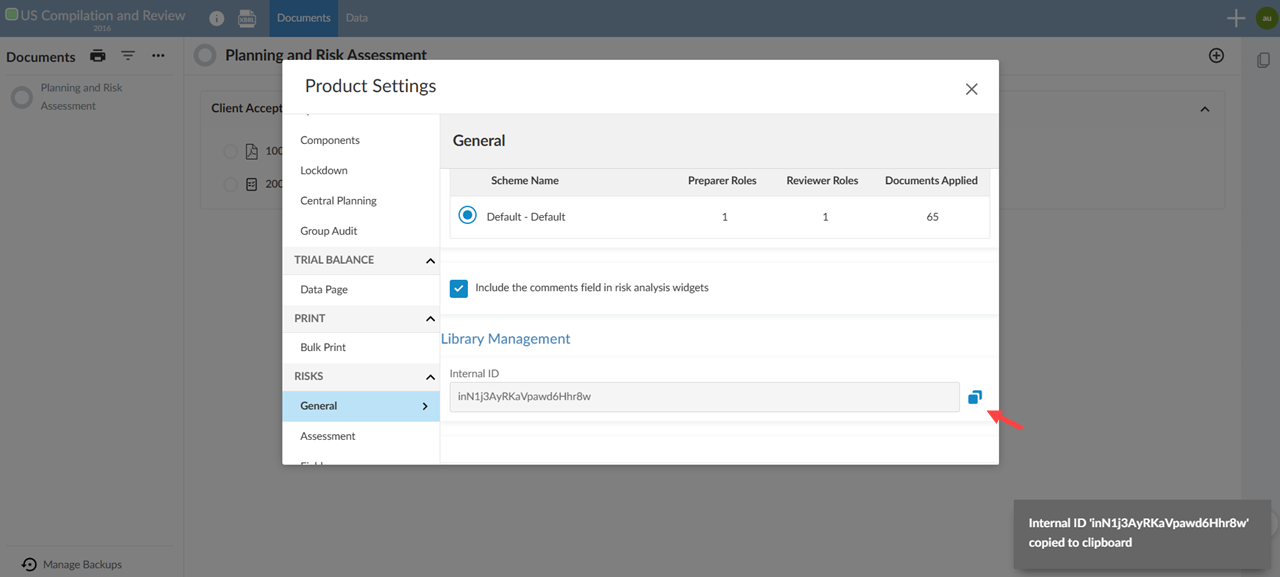 The user interface for copying the ID of the curren risk library.