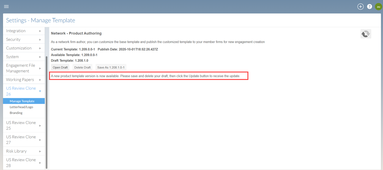 The user interface for updating the template.