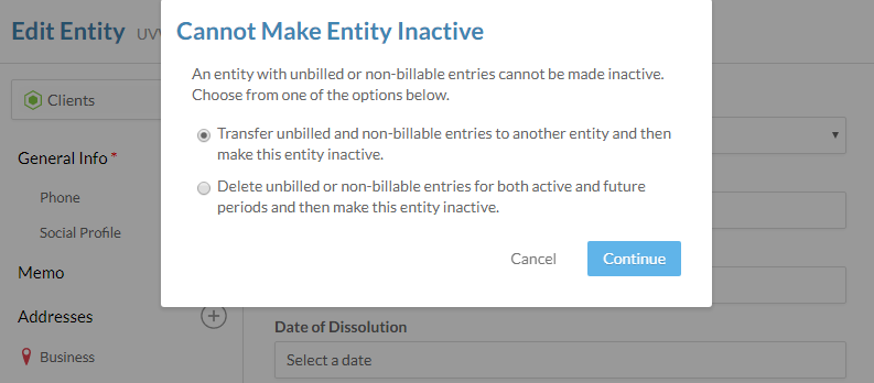 The Cannot Make Entity Inactive dialog.