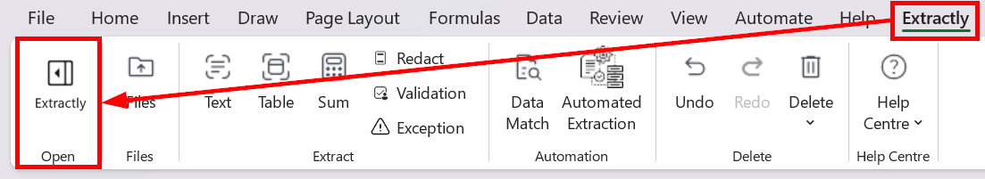 Locating Extractly on the Excel ribbon.