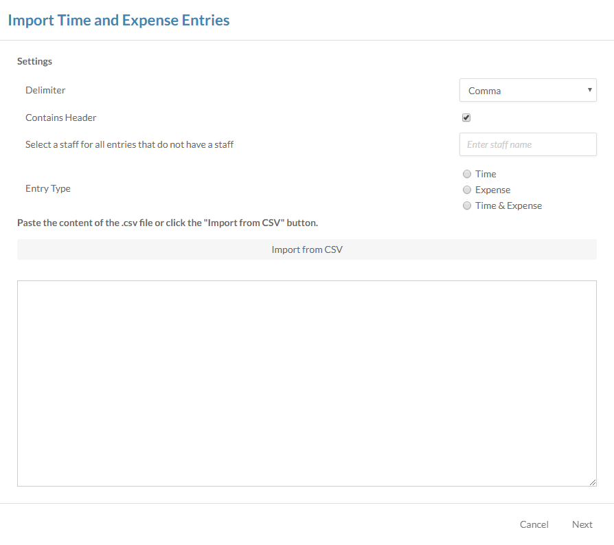 The Import Time and Expense Entries dialog.