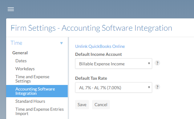 The Accounting Software Integration section of the Settings page after integrating QuickBooks Online. 