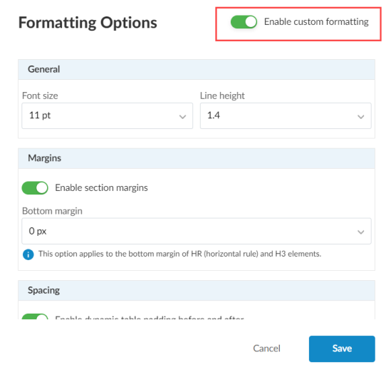 The Enable custom formatting option in the Formatting Options dialog.