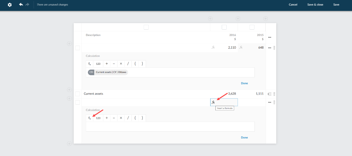The user interface with Edit dynamic tables dialog to add a formula to a cell.