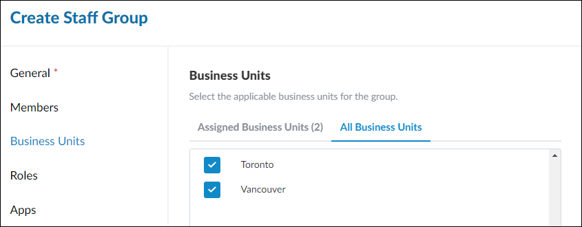 The Business Units tab of the Create Staff Group dialog.