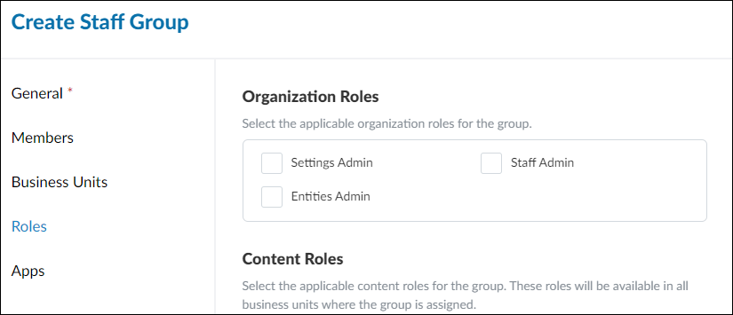 The Roles tab of the Create Staff Group dialog.