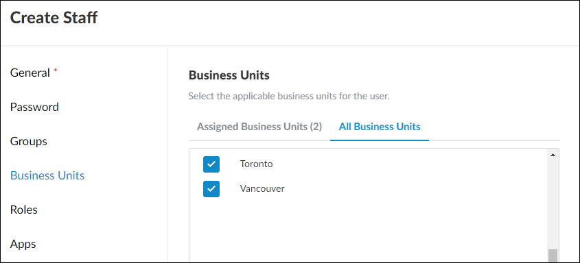 The Business Units tab of the Create Staff dialog.