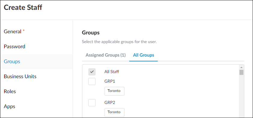 The Groups tab of the Create Staff dialog.