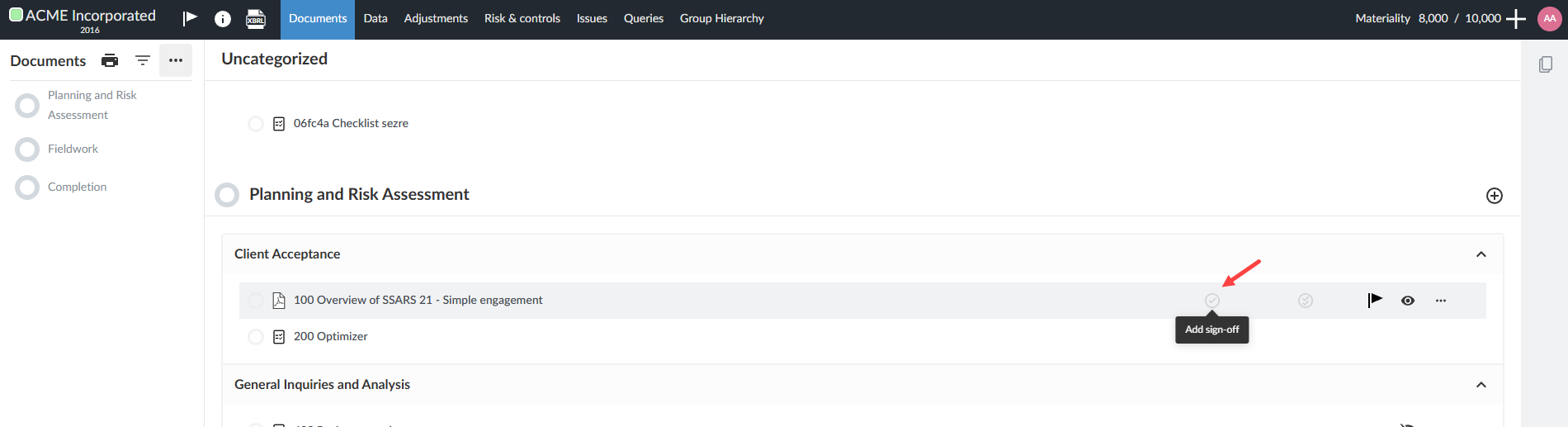 The user interface for selecting the Add sign off icon.