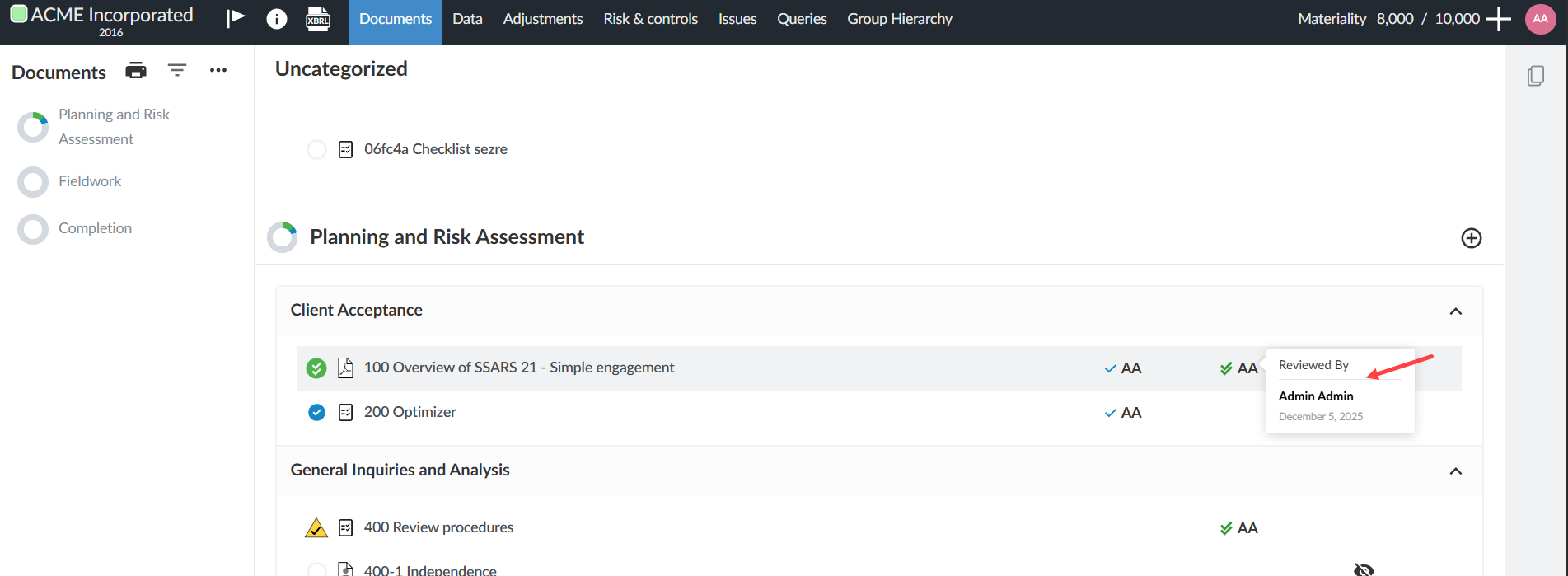 Log displays with signoff details once you hover.