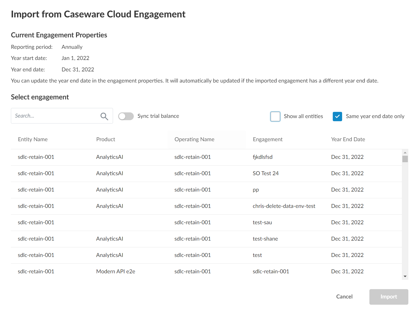 The Import from Caseware Cloud Engagement page in the new imports workflow.