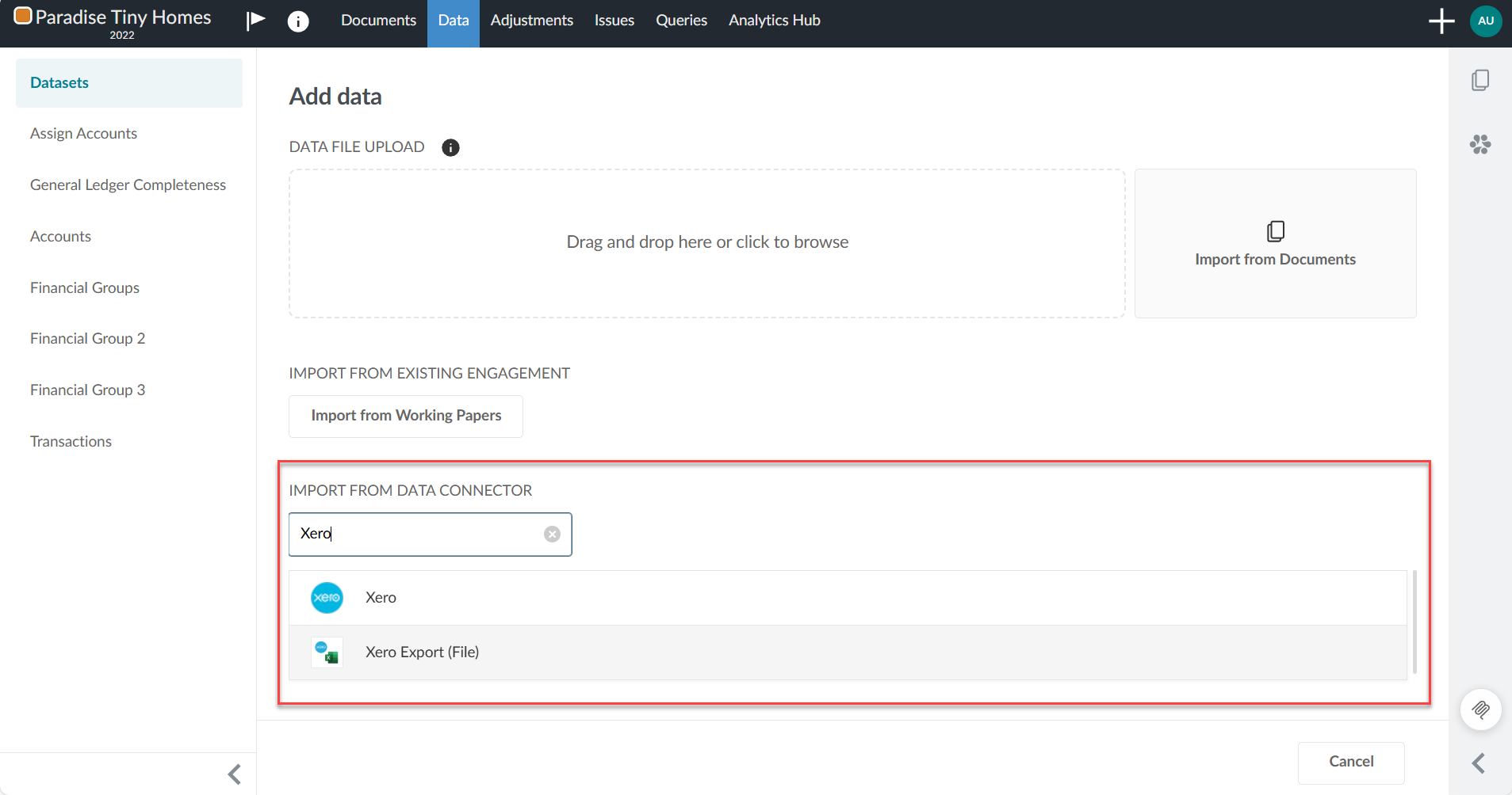 Selecting Xero as a data connector on the Add data screen.