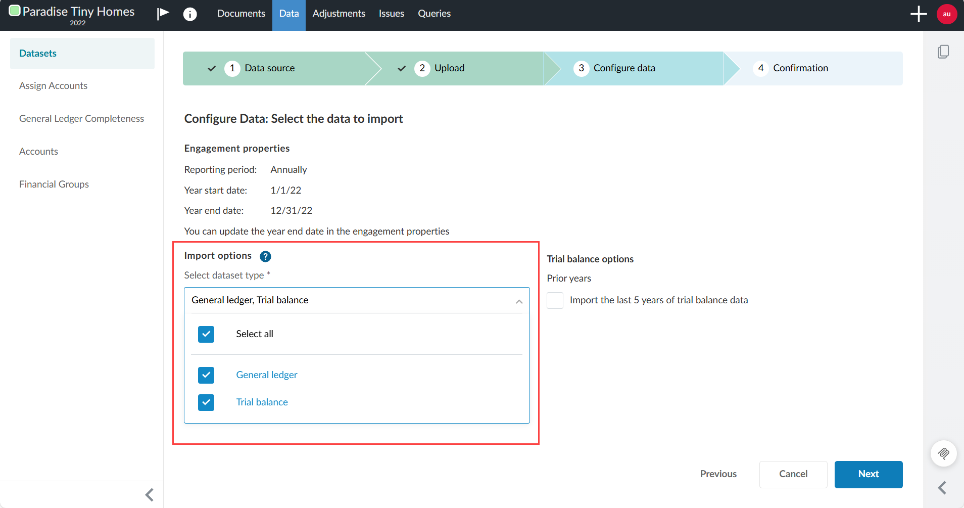 Selecting the dataset type under the Data tab.