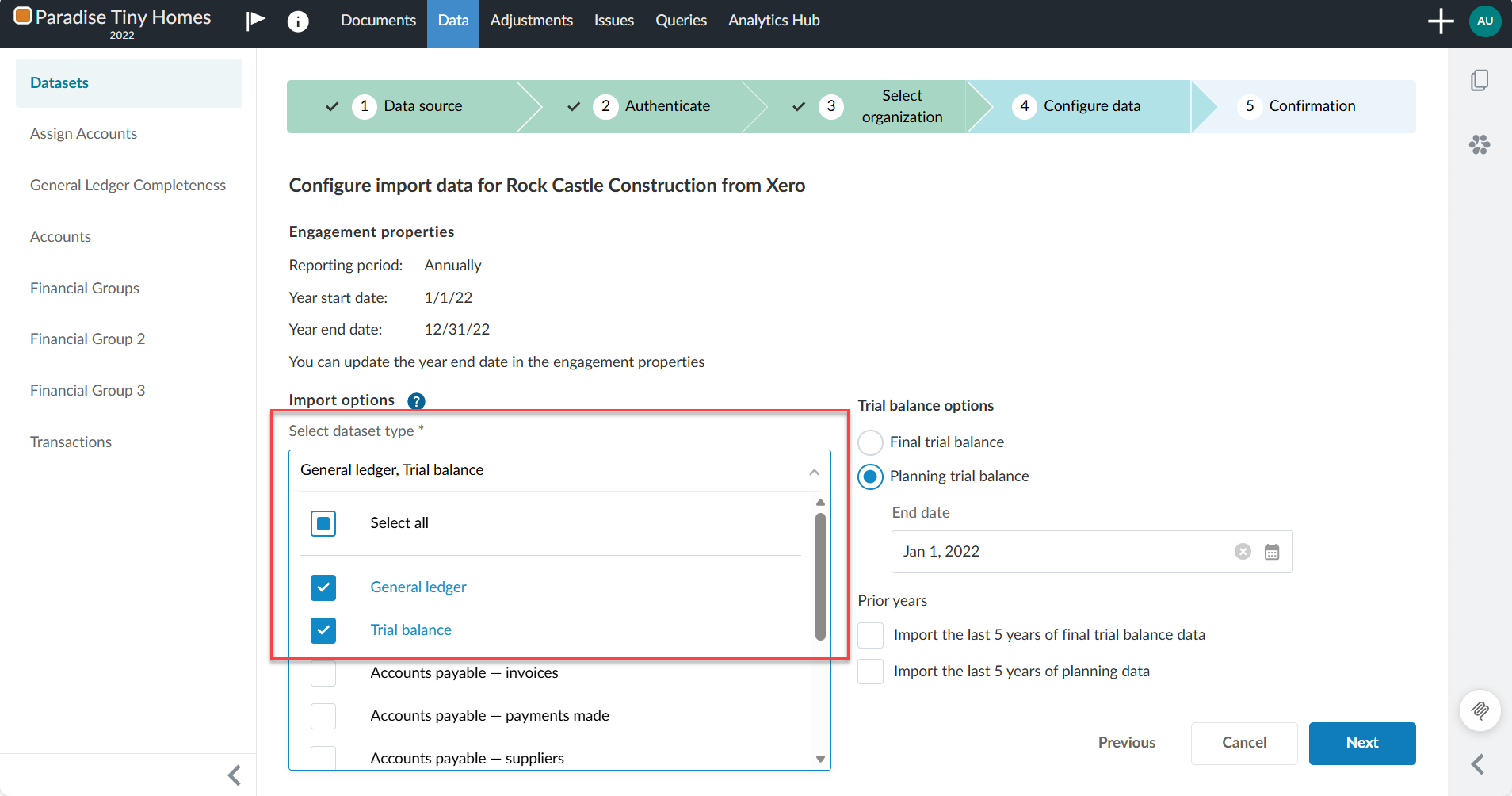Selecting the dataset type under the Data tab.