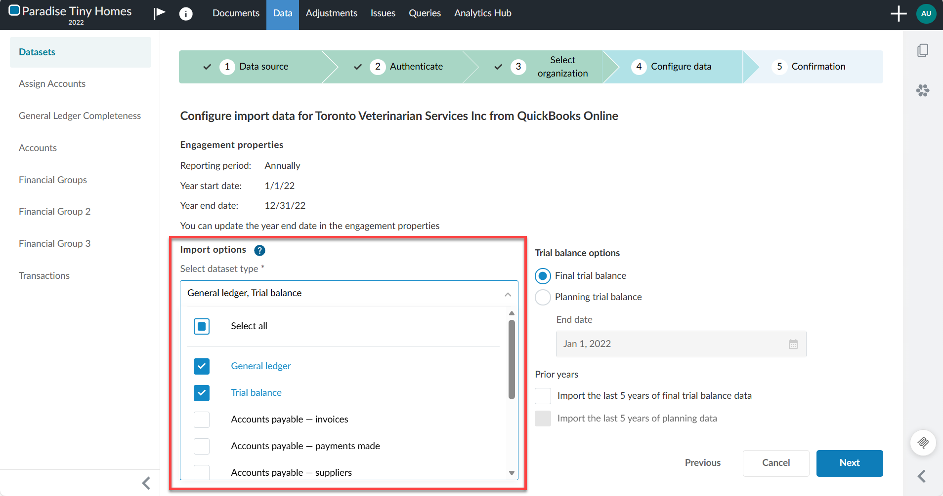 Selecting the dataset type under the Data tab.