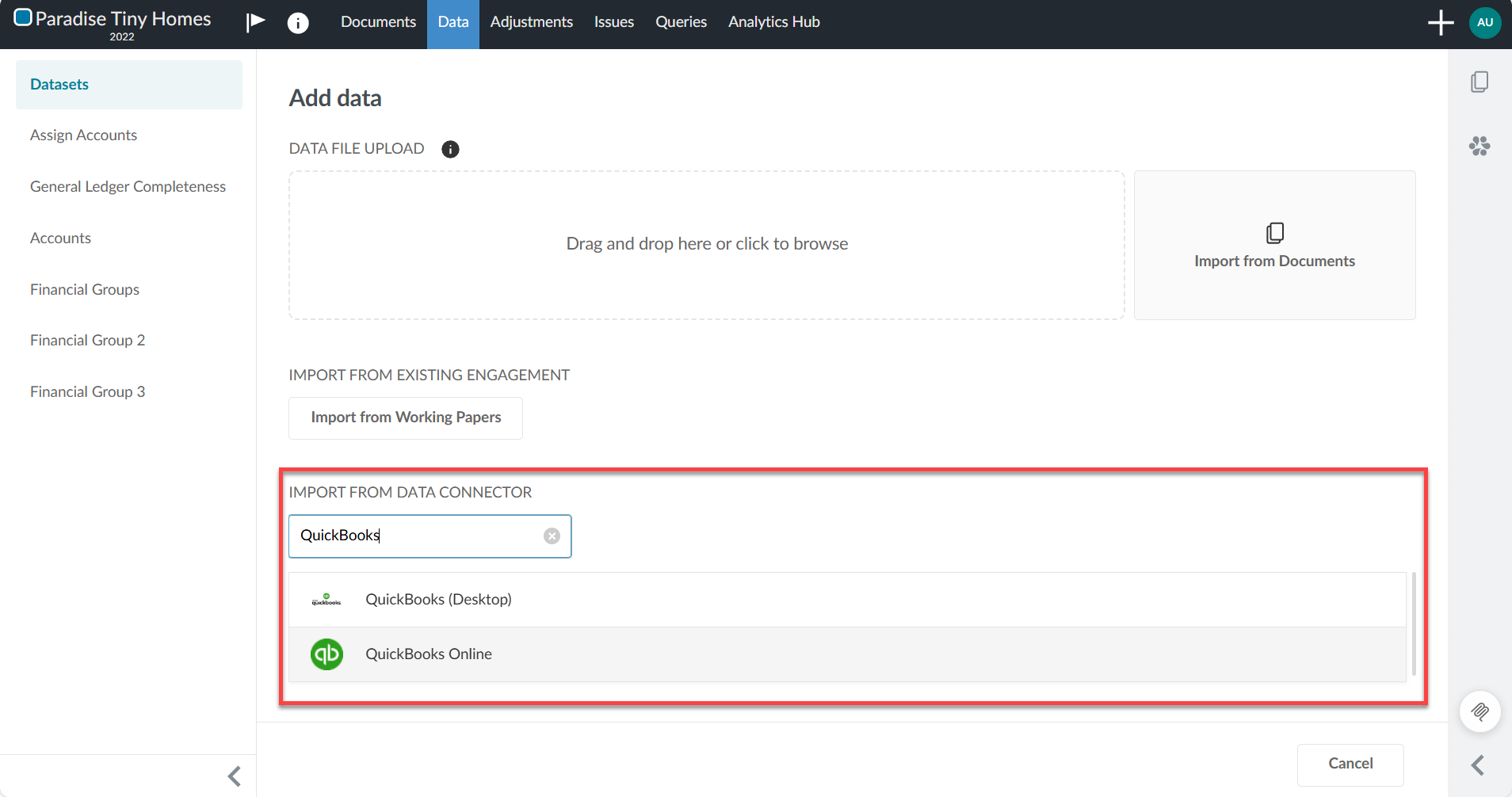 Selecting QuickBooks as a data connector on the Add data screen.
