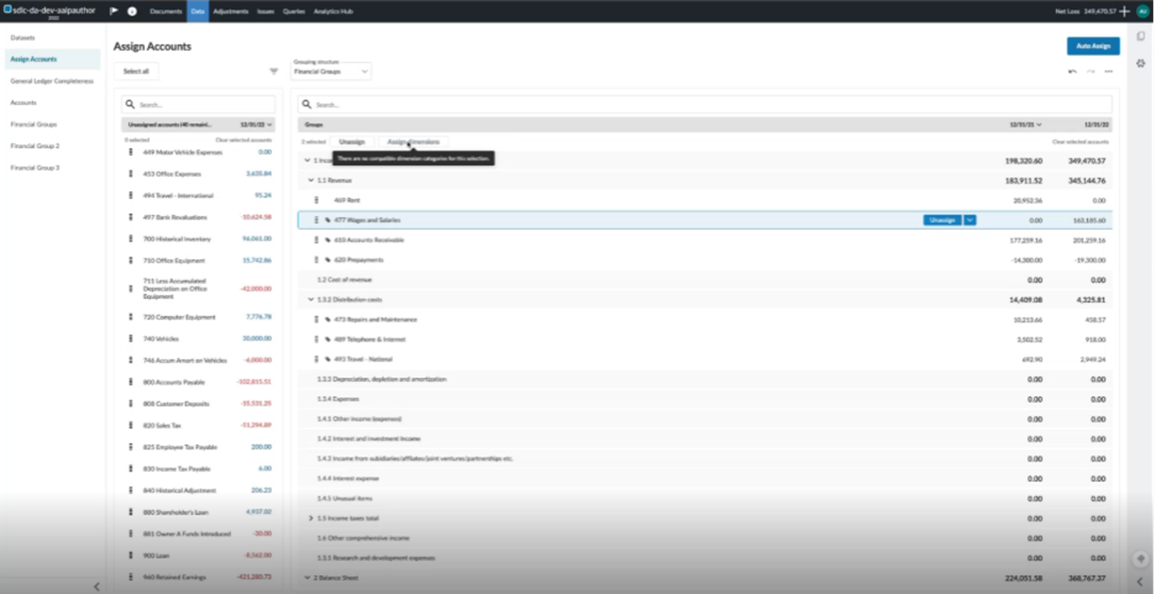 the Assign Accounts user interface page when Assign dimensions is greyed out due to incompatible dimensions.