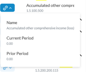 The Link icon in the Trial Balance data source displays a drop-down; preseting options for values to insert.