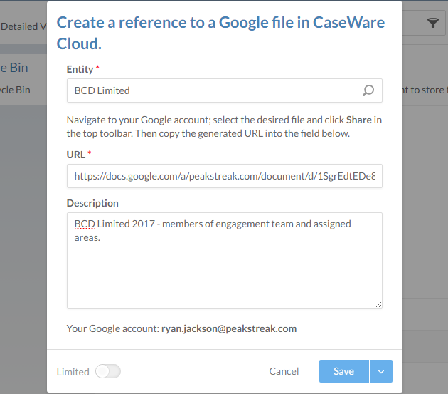 Paste the entire link from the Google file sharing dialog into the URL field.