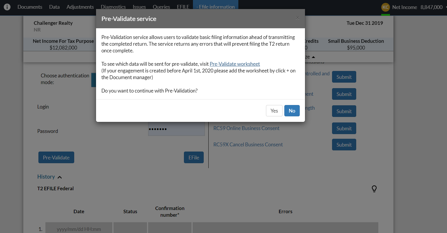 Confirmation dialog for pre-validation.
