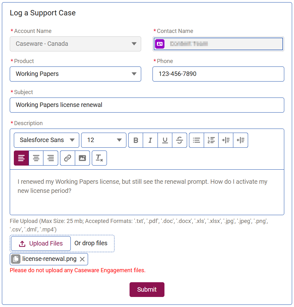 The Log a Support Case report form in MyCaseware, with a sample case.