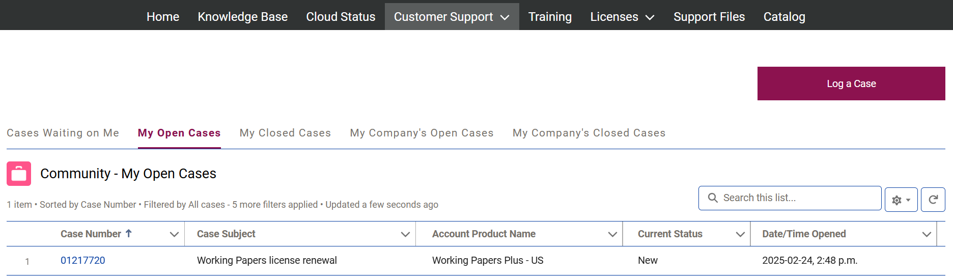 The My Cases page on the My Open Cases tab, displaying the sample case that was submitted.