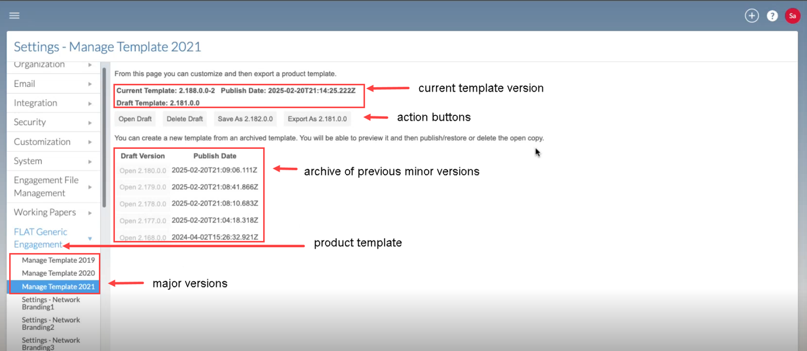 The user interface for managing templates from the Product settings with arrows pointing to various areas of the page.