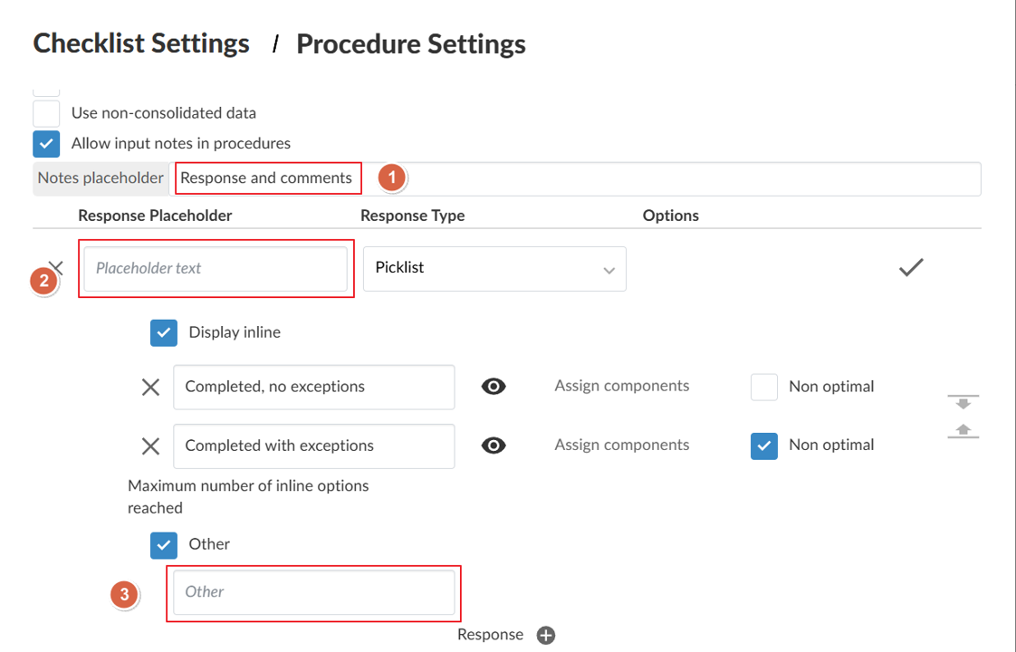 The user interface for the Checklist Settings highlighting the areas that can support multilingual text.