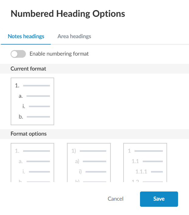The Numbered Headings Options dialog with a selection of numbering options.