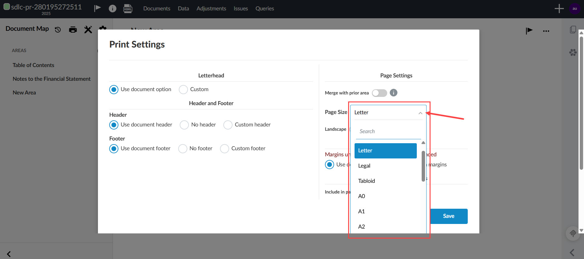 The user interface for selecting the Page Size dropdown menu.