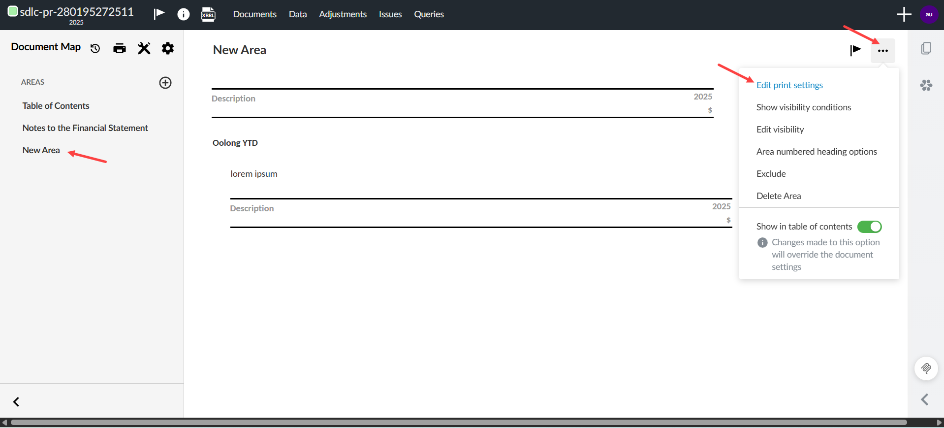 The user interface for document management with arrows pointing to options for selecting Edit print settings.
