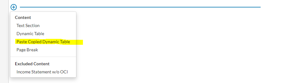 Customize print settings in financial statements-paste copied dynamic table