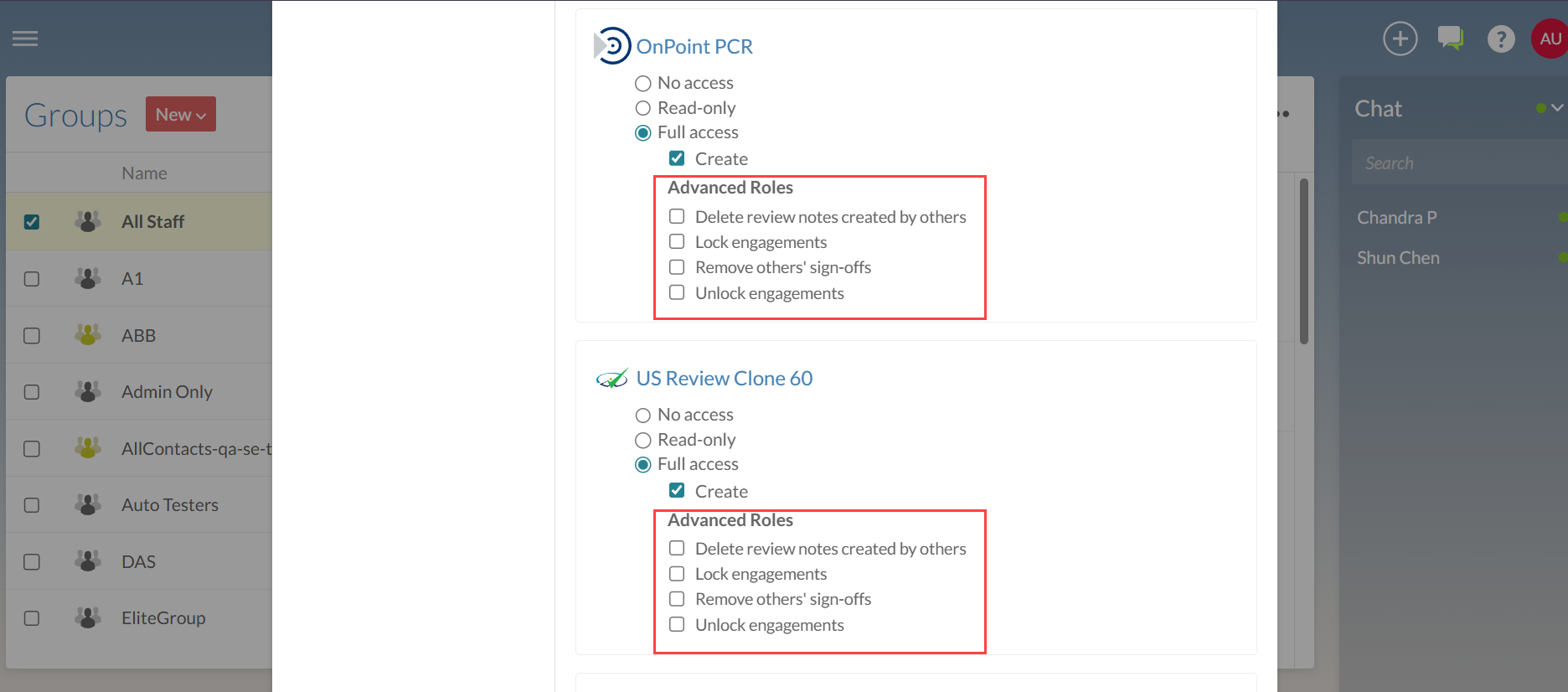 The user interface for selecting enhanced permissions for an engagement for a user.