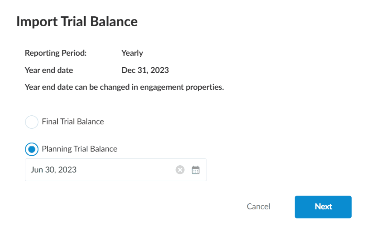 The Planning Trial Balance option when importing data from a Excel or CSV file.