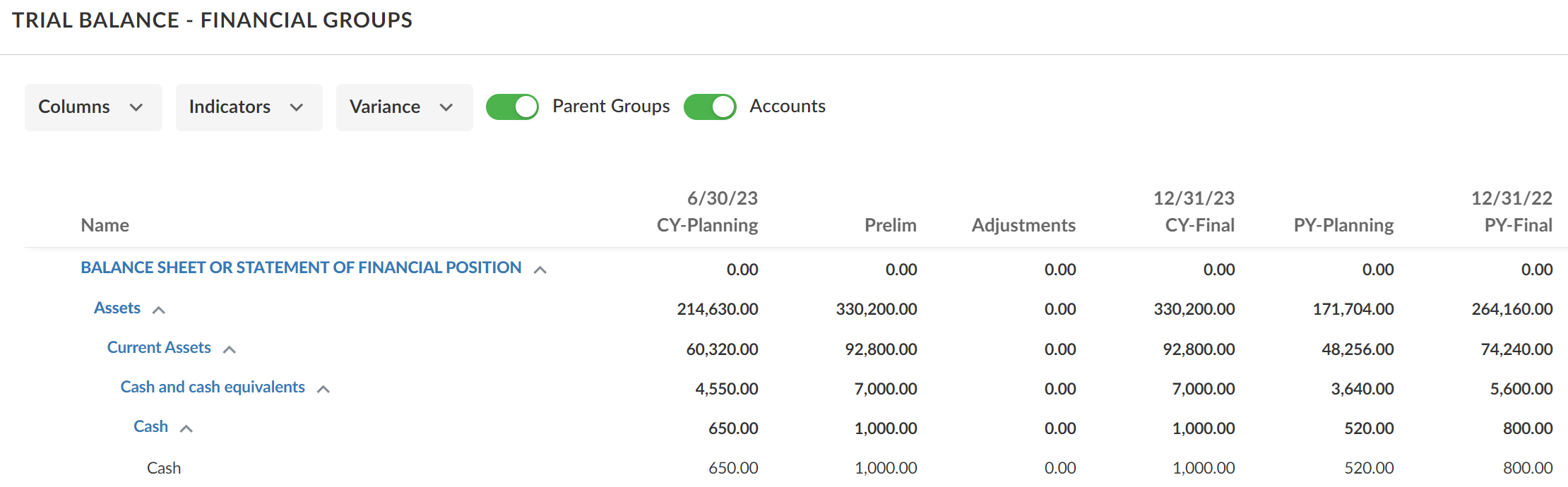 The imported trial balance on the Accounts tab, with columns for Planning balances.