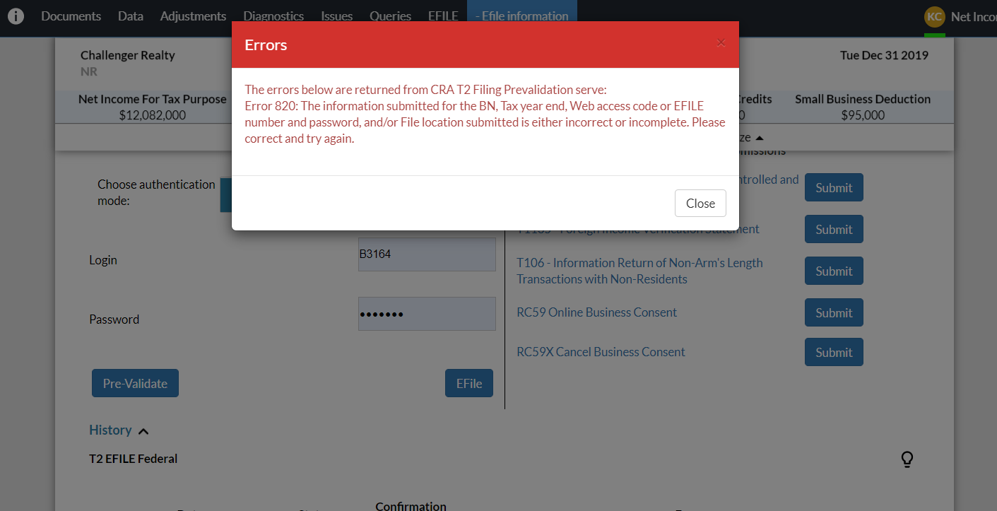 Error message for a failed pre-validation attempt.